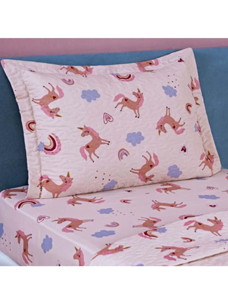 Kit cobre leito colcha solteiro infantil fantasy dupla face microfibra 2 peças - unicórnio - rosê