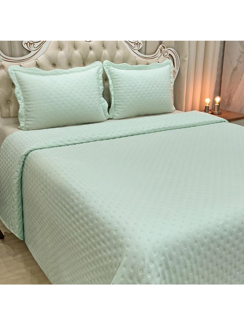 Kit cobre leito colcha perone king dupla face toque de pluma micro percal 300 fios 3 peças - verde tifany