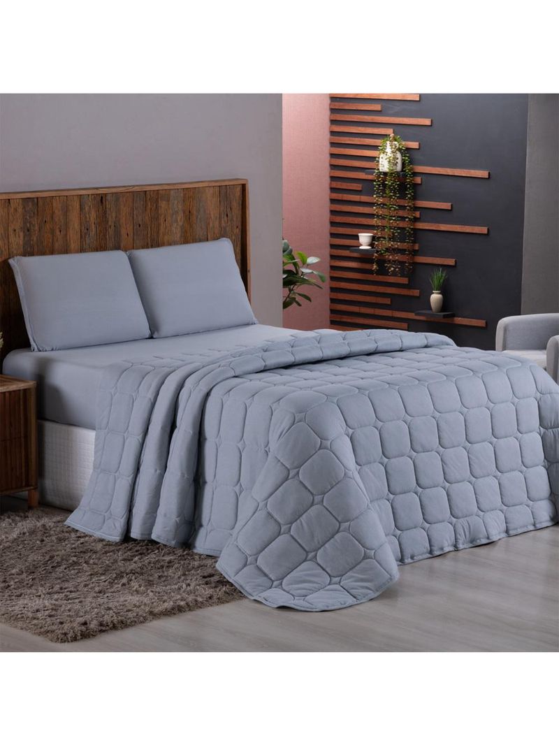 Kit cobre leito colcha livorno queen acolchoado fofo macio malha 100% algodão 3 peças - cinza