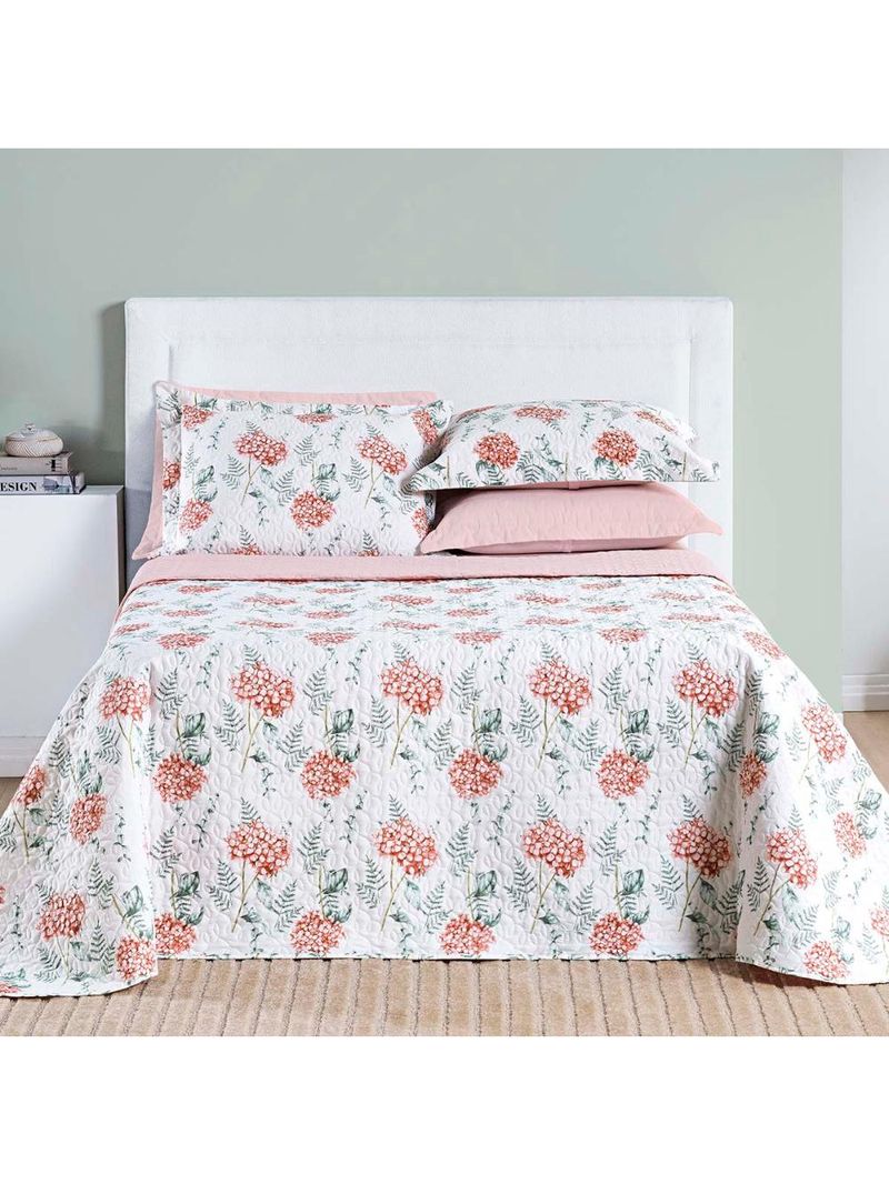 Kit cobre leito colcha maris casal padrão estampado dupla face percalle 200 fios 3 peças hortênsia salmão