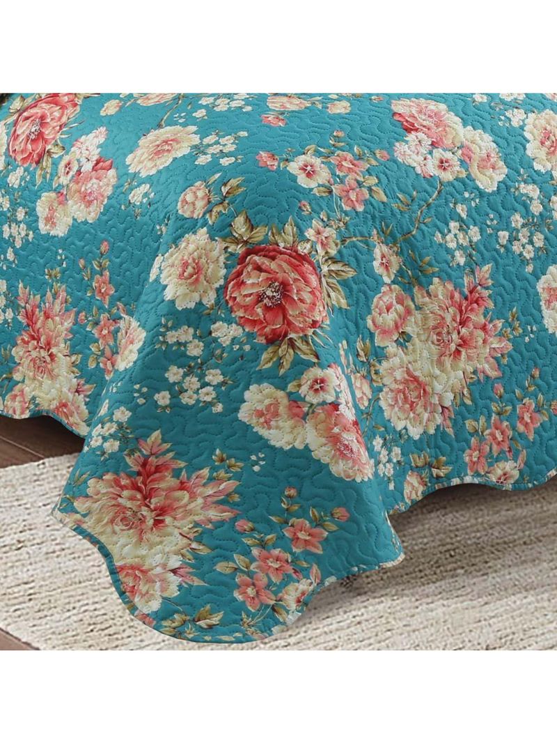 Kit cobre leito colcha mix queen estampado dupla face floral 3 peças - vanessa - azul