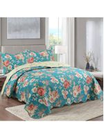 Kit cobre leito colcha mix queen estampado dupla face floral 3 peças - vanessa - azul