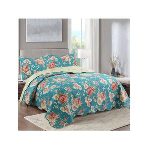Kit cobre leito colcha mix queen estampado dupla face floral 3 peças - vanessa - azul