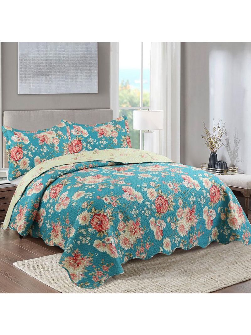 Kit cobre leito colcha mix queen estampado dupla face floral 3 peças - vanessa - azul
