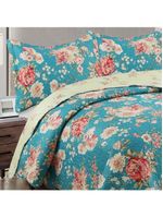 Kit cobre leito colcha mix queen estampado dupla face floral 3 peças - vanessa - azul