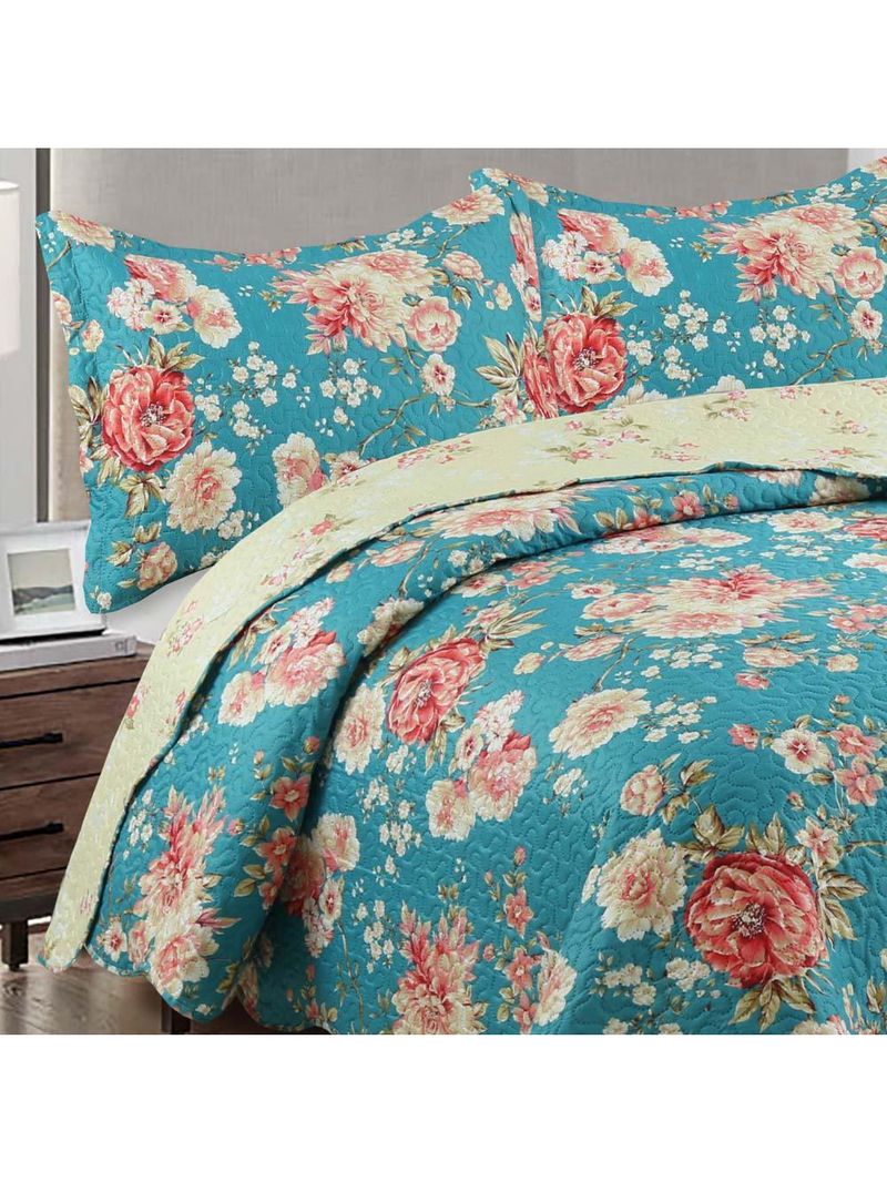 Kit cobre leito colcha mix queen estampado dupla face floral 3 peças - vanessa - azul