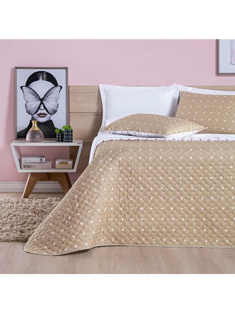 Kit cobre leito colcha meggy poá solteiro dupla face micropercal 200 fios 2 peças - bege