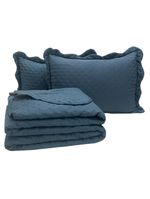 Kit cobre leito colcha perone king dupla face toque de pluma micro percal 300 fios 3 peças - azul marinho