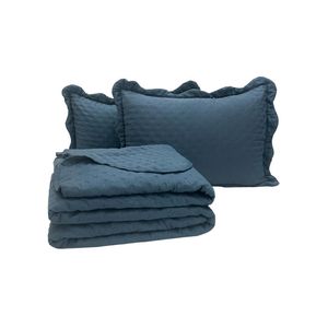 Kit cobre leito colcha perone king dupla face toque de pluma micro percal 300 fios 3 peças - azul marinho