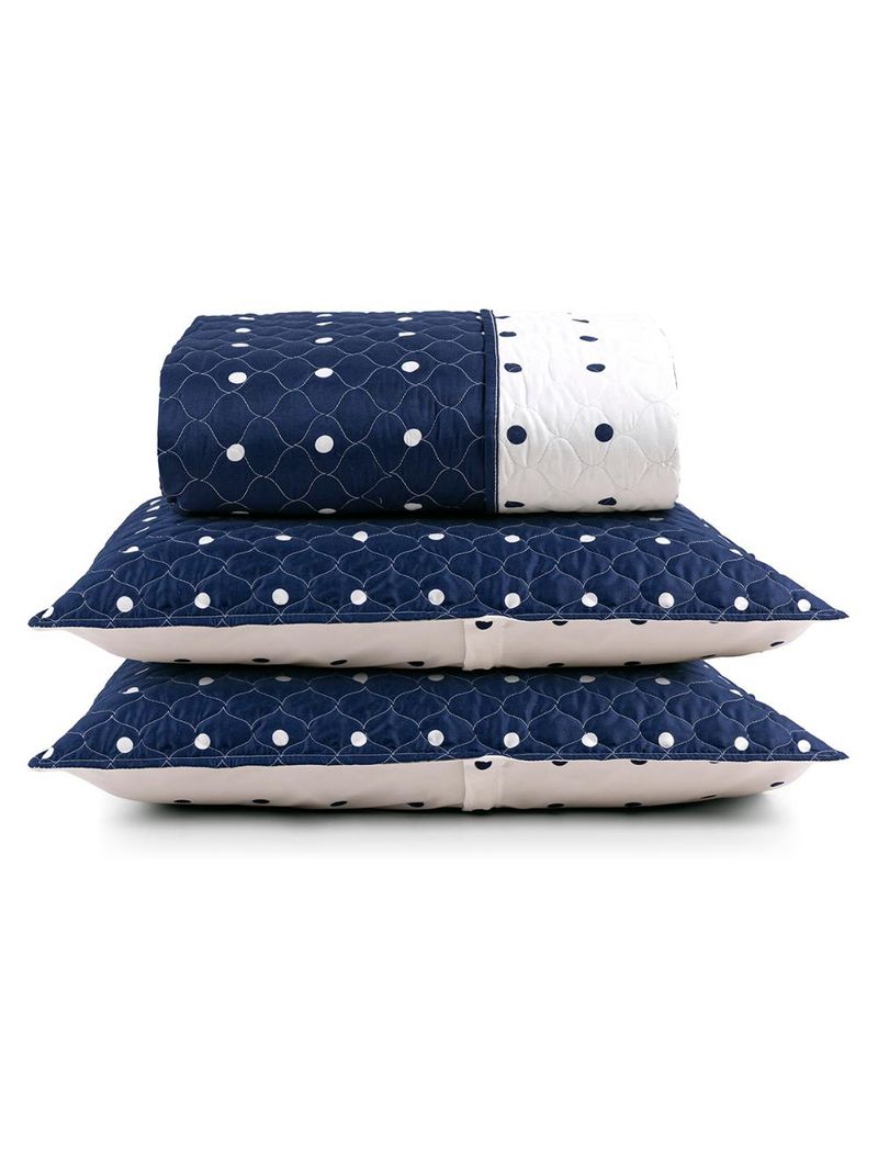 Kit cobre leito colcha meggy poá king dupla face micropercal 200 fios 3 peças - azul marinho