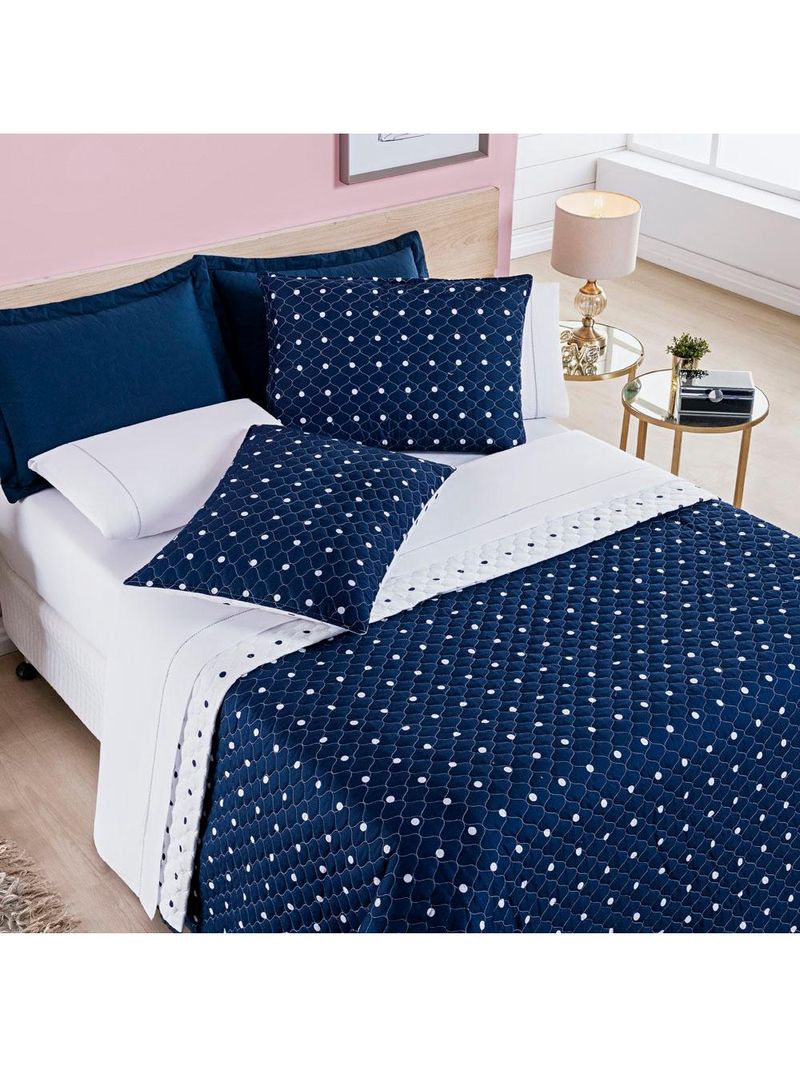 Kit cobre leito colcha meggy poá king dupla face micropercal 200 fios 3 peças - azul marinho