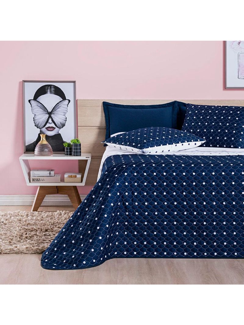 Kit cobre leito colcha meggy poá king dupla face micropercal 200 fios 3 peças - azul marinho