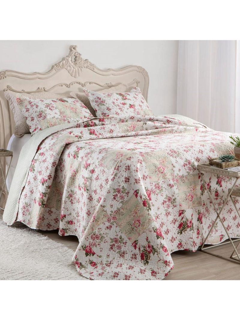 Kit cobre leito colcha mix queen estampado dupla face floral 3 peças - isabela