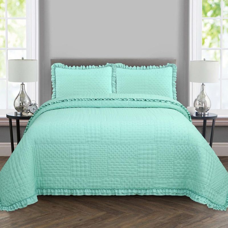 Kit cobre leito colcha maison casal padrão c/ babado percal 300 fios 3 peças - verde menta