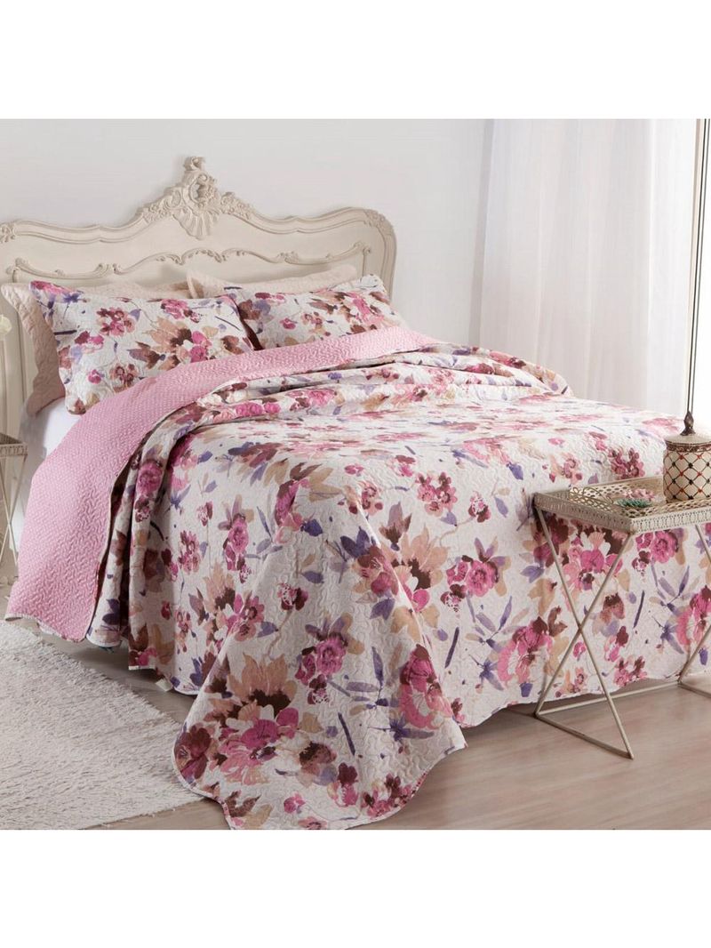 Kit cobre leito colcha mix queen estampado dupla face floral 3 peças - damares