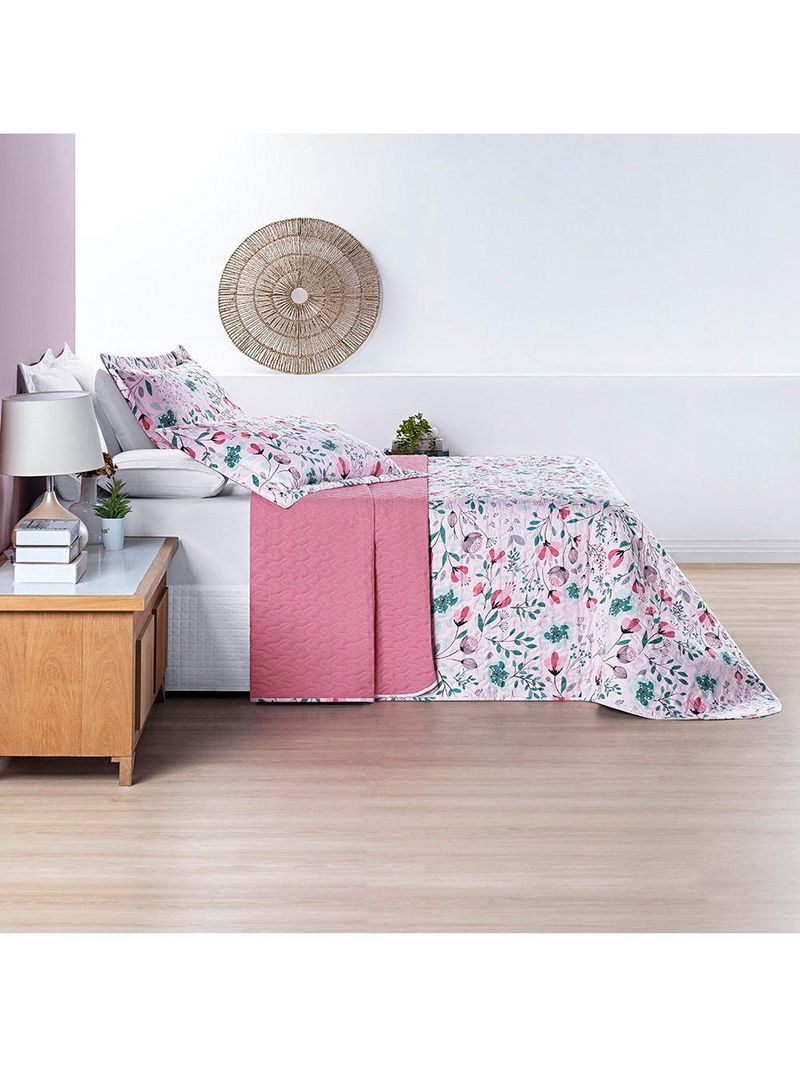 Kit cobre leito colcha celi king dupla face micropercal 200 fios 3 peças bothanica floral rosa