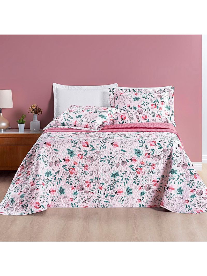 Kit cobre leito colcha celi king dupla face micropercal 200 fios 3 peças bothanica floral rosa