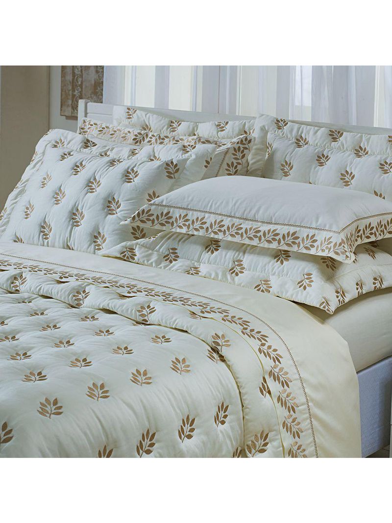 Kit cobre leito colcha garland super king 100% algodão 400 fios acetinado bordado 5 peças - palha