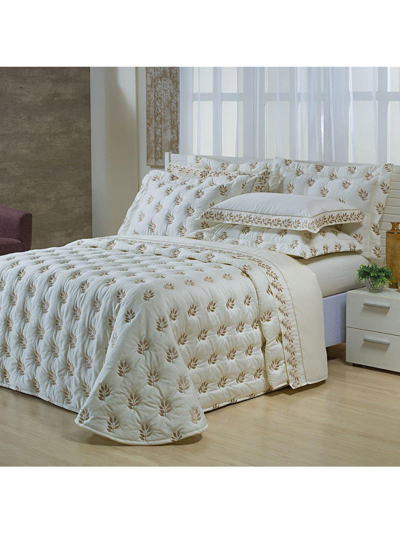 Kit cobre leito colcha garland super king 100% algodão 400 fios acetinado bordado 5 peças - palha