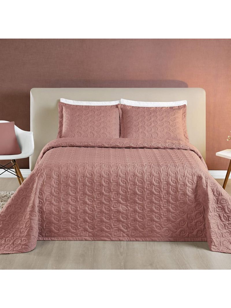 Kit cobre leito colcha desirée casal bordado micropercal 200 fios 3 peças - rosê