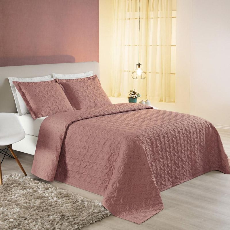 Kit cobre leito colcha desirée casal bordado micropercal 200 fios 3 peças - rosê