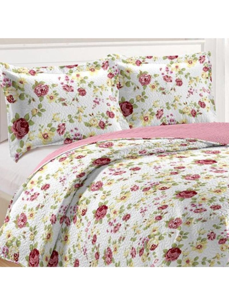 Kit cobre leito colcha mix queen estampado dupla face floral 3 peças - laís
