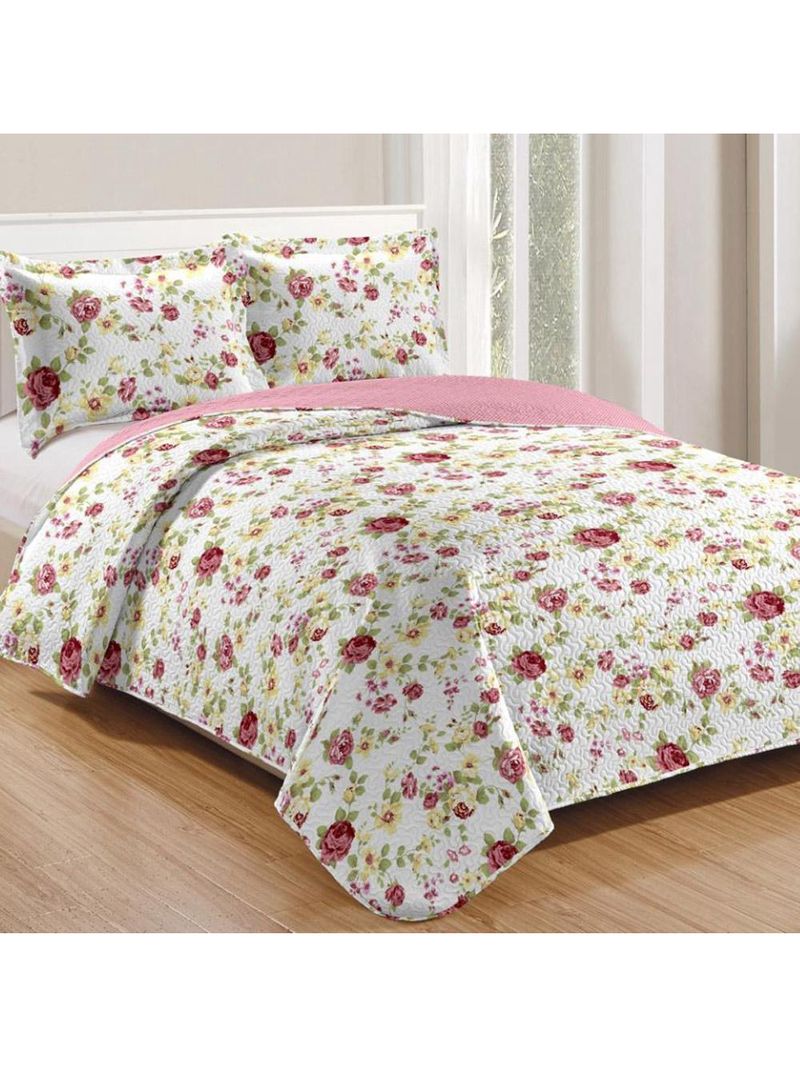 Kit cobre leito colcha mix queen estampado dupla face floral 3 peças - laís