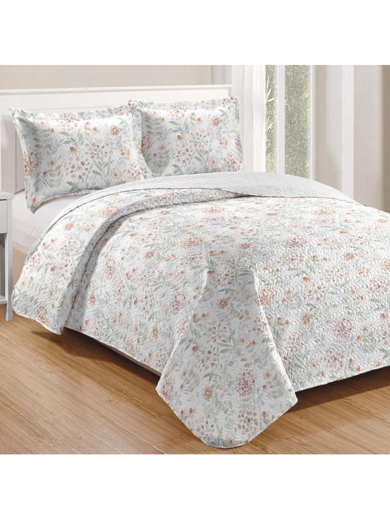 Kit cobre leito colcha mix queen estampado dupla face floral 3 peças - joice