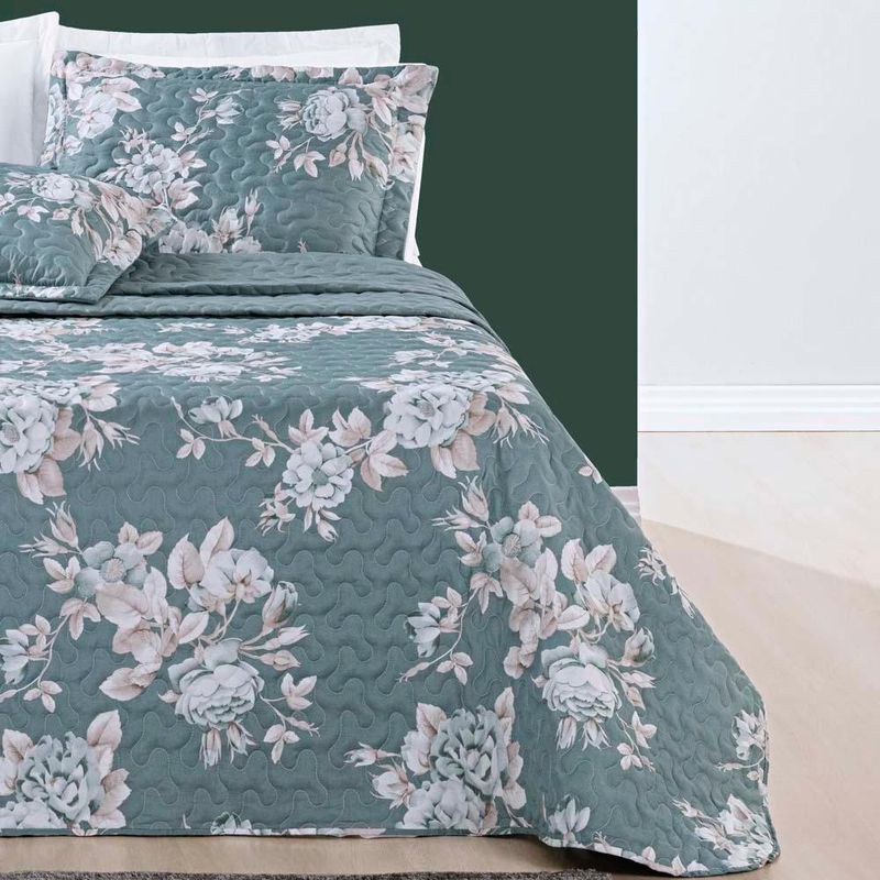 Kit cobre leito colcha celi king dupla face micropercal 200 fios 3 peças - verde floral