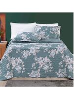 Kit cobre leito colcha celi king dupla face micropercal 200 fios 3 peças - verde floral