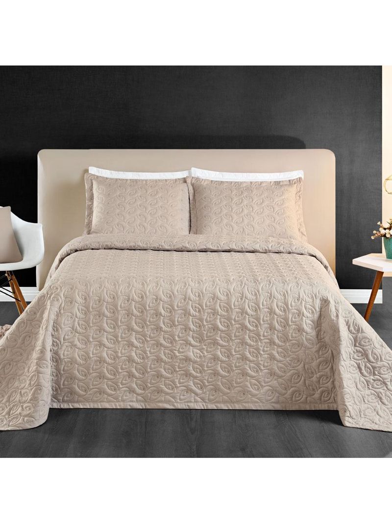 Kit cobre leito colcha desirée queen bordado micropercal 200 fios 3 peças - bege
