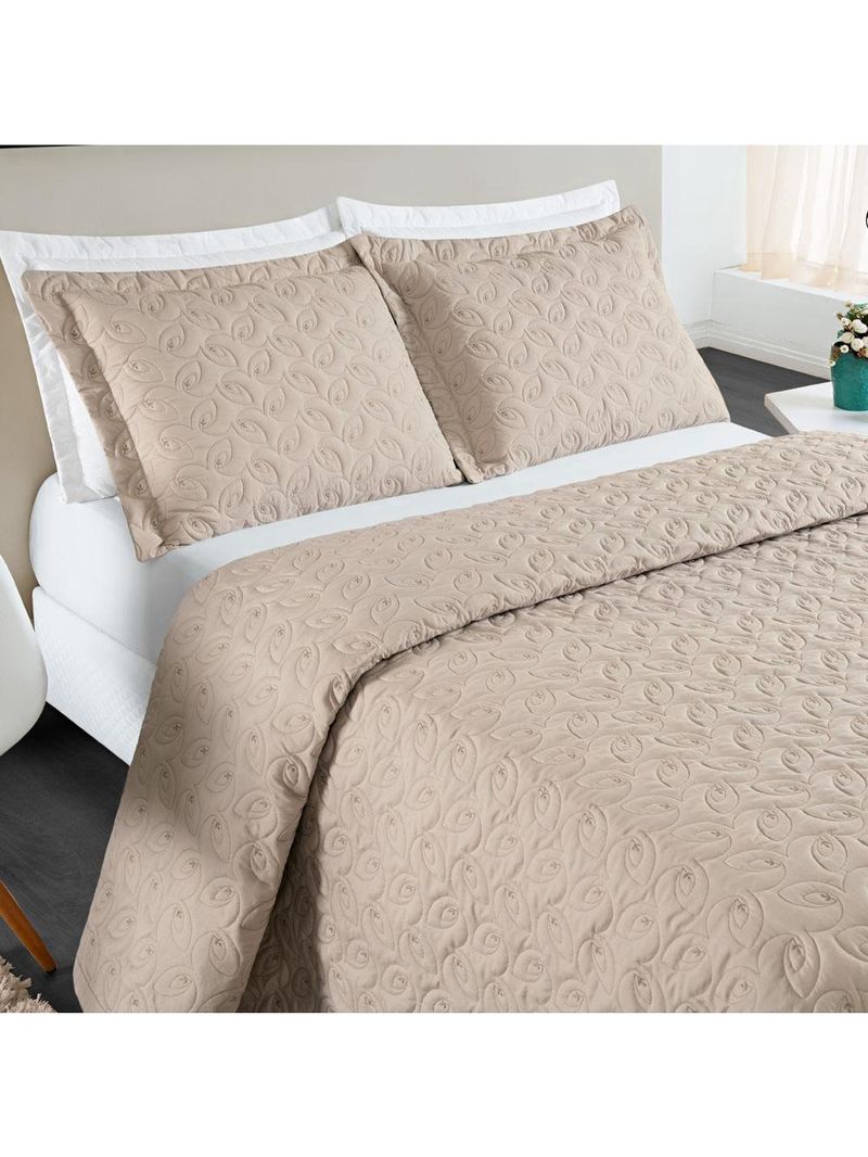 Kit cobre leito colcha desirée queen bordado micropercal 200 fios 3 peças - bege