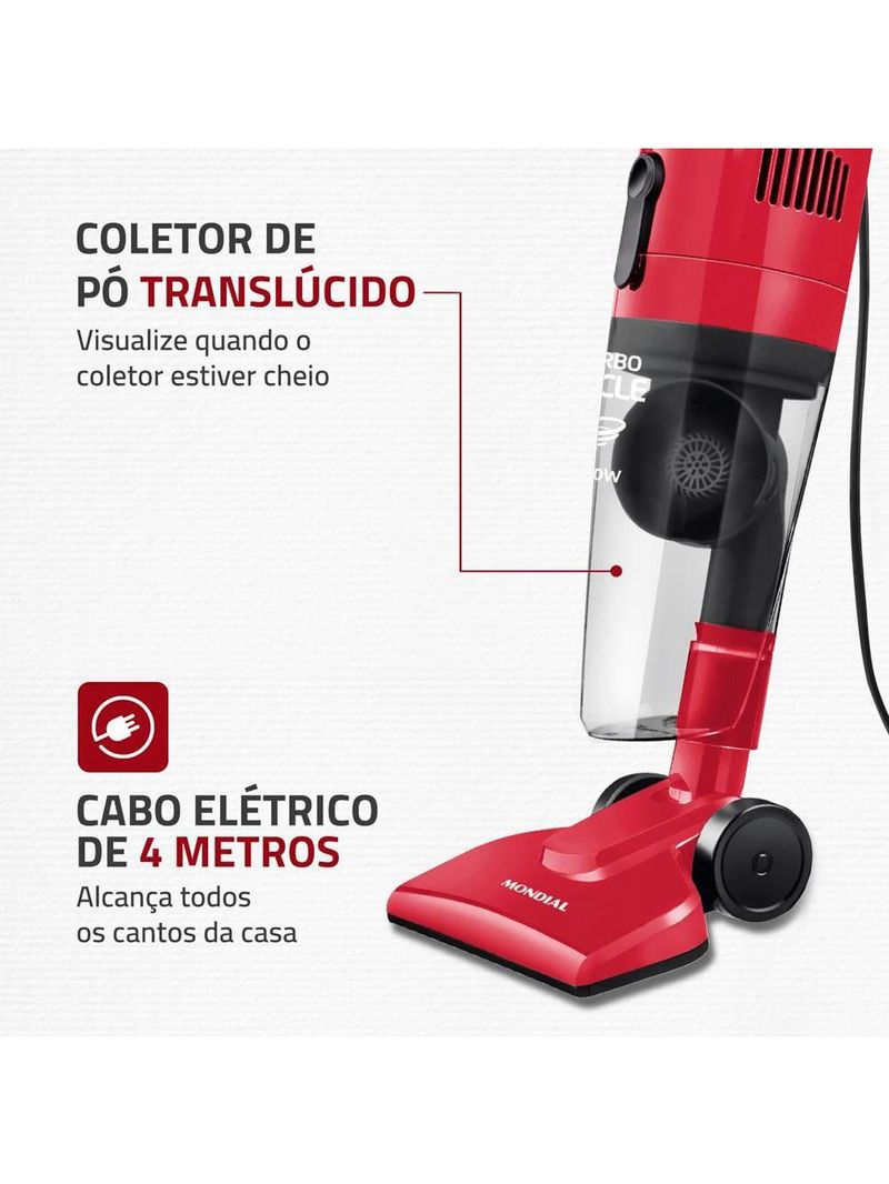 Aspirador de pó vertical 2 em 1 mondial turbo cycle ap36 1100w - vermelho