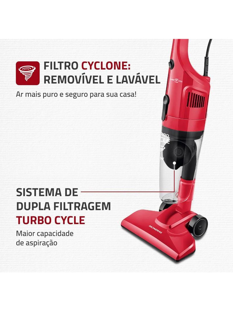 Aspirador de pó vertical 2 em 1 mondial turbo cycle ap36 1100w - vermelho