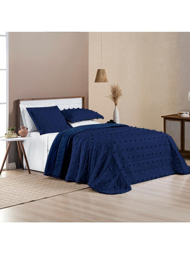 Kit cobre leito colcha alexa pompom queen dupla face micropercal 3 peças - azul marinho