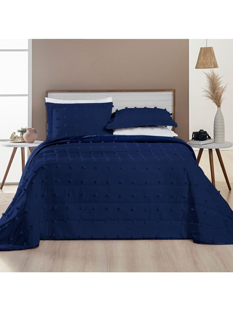 Kit cobre leito colcha alexa pompom queen dupla face micropercal 3 peças - azul marinho