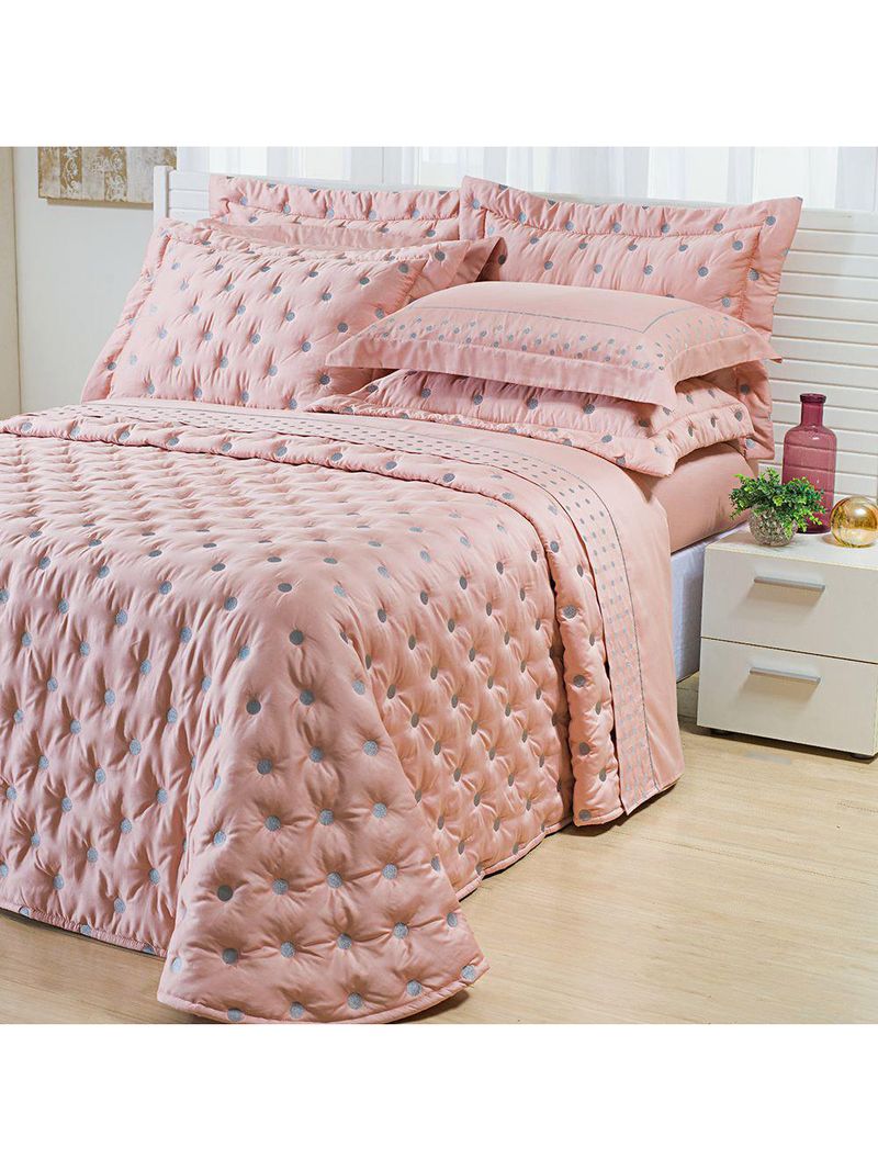 Kit cobre leito colcha garland super king 100% algodão 400 fios acetinado bordado 5 peças - rosê e cinza