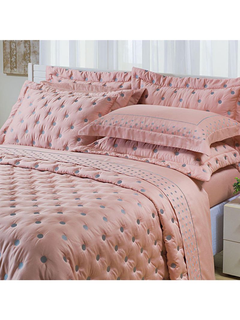 Kit cobre leito colcha garland super king 100% algodão 400 fios acetinado bordado 5 peças - rosê e cinza