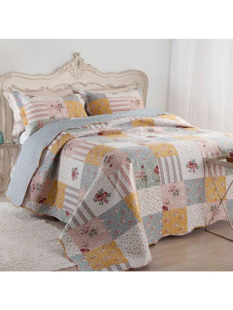 Kit cobre leito colcha mix king estampado dupla face floral 3 peças - luana