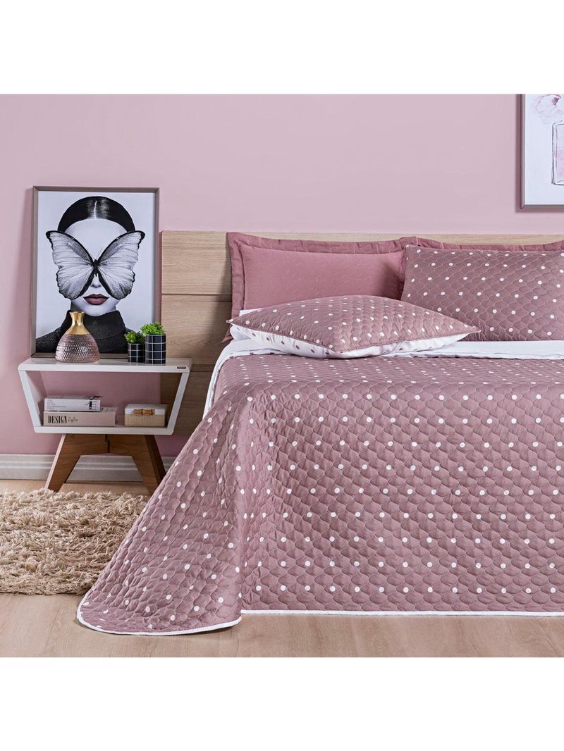 Kit cobre leito colcha meggy poá queen dupla face micropercal 200 fios 3 peças - rosê