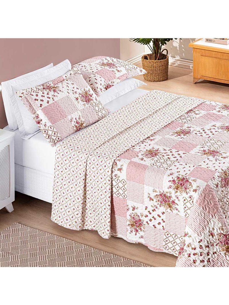 Kit cobre leito colcha dallas casal padrão dupla face estampada 3 peças - rosa matura patchwork
