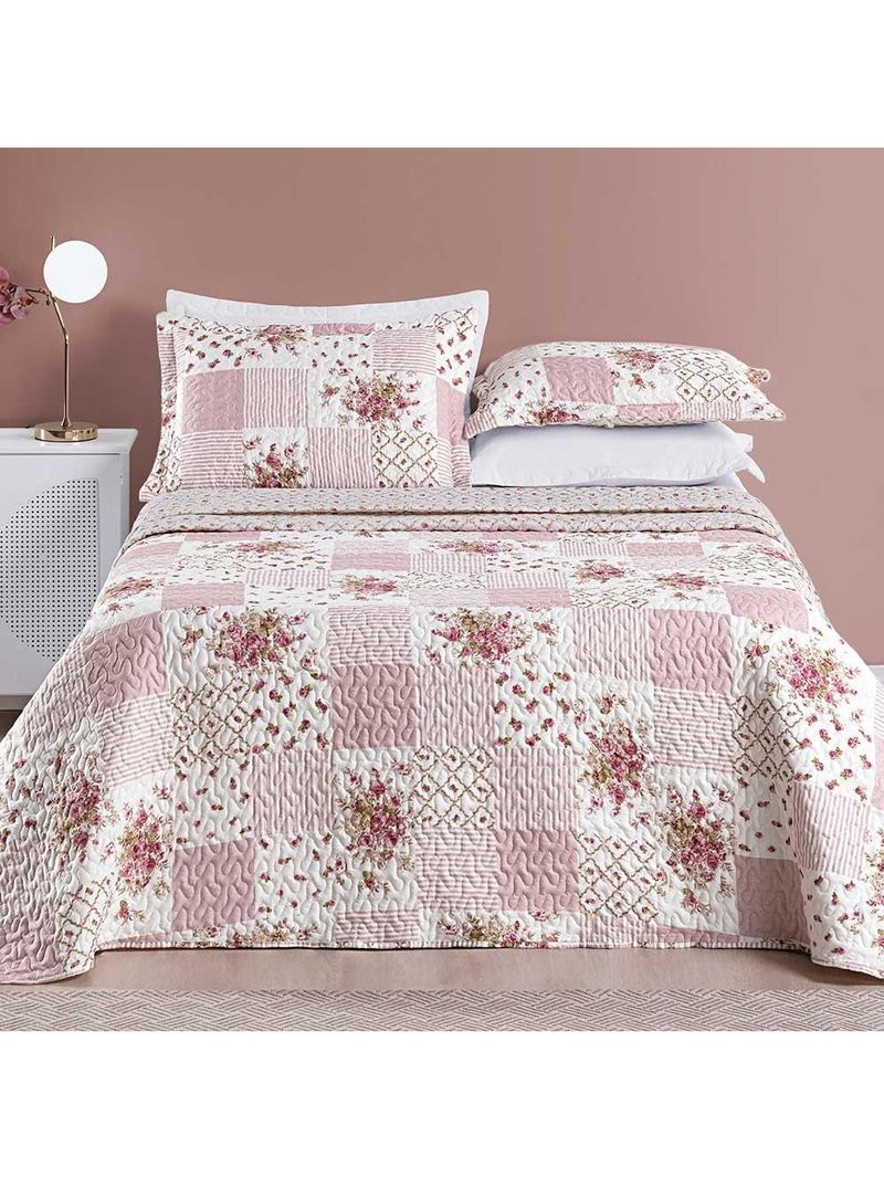 Kit cobre leito colcha dallas casal padrão dupla face estampada 3 peças - rosa matura patchwork