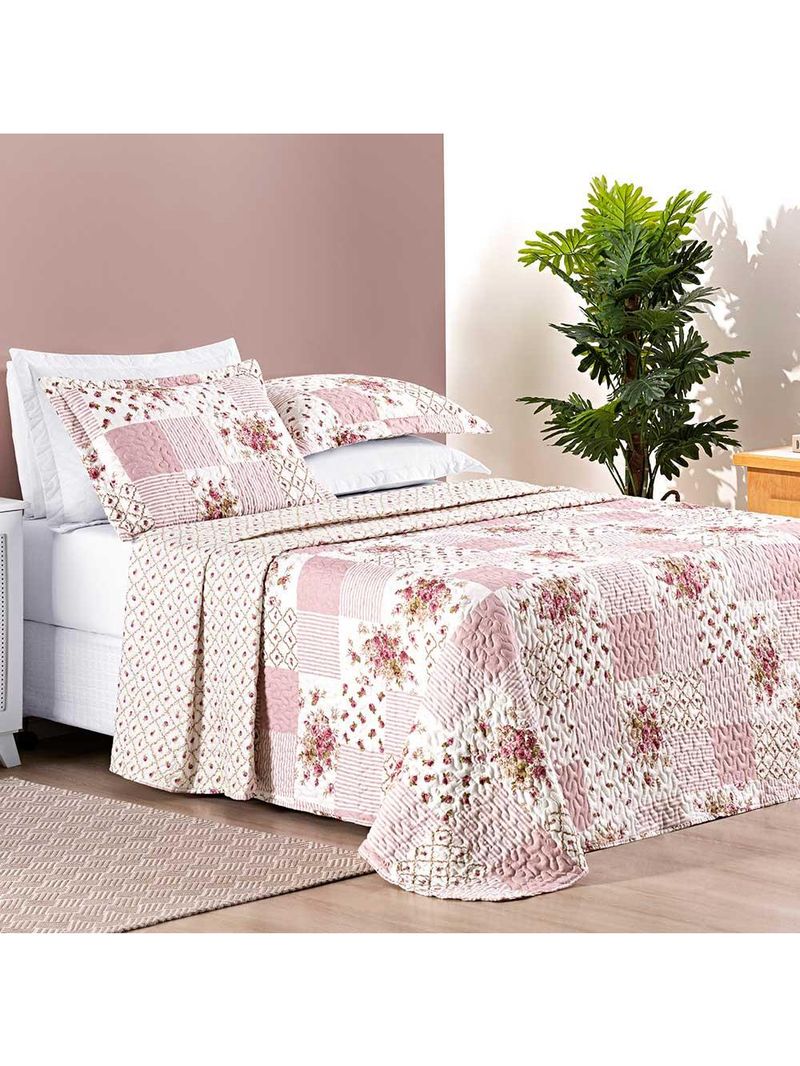 Kit cobre leito colcha dallas casal padrão dupla face estampada 3 peças - rosa matura patchwork