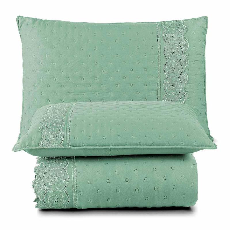 Kit cobre leito colcha bouclê queen laise bordada micropercal 200 fios 3 peças - verde salvia
