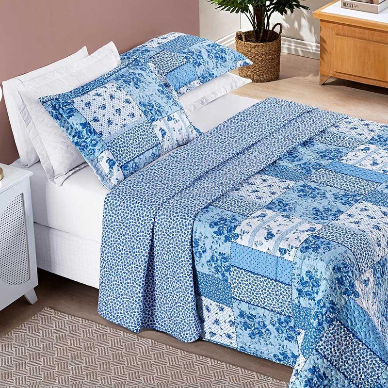 Kit cobre leito colcha dallas queen dupla face estampada 3 peças - azul sereno patchwork