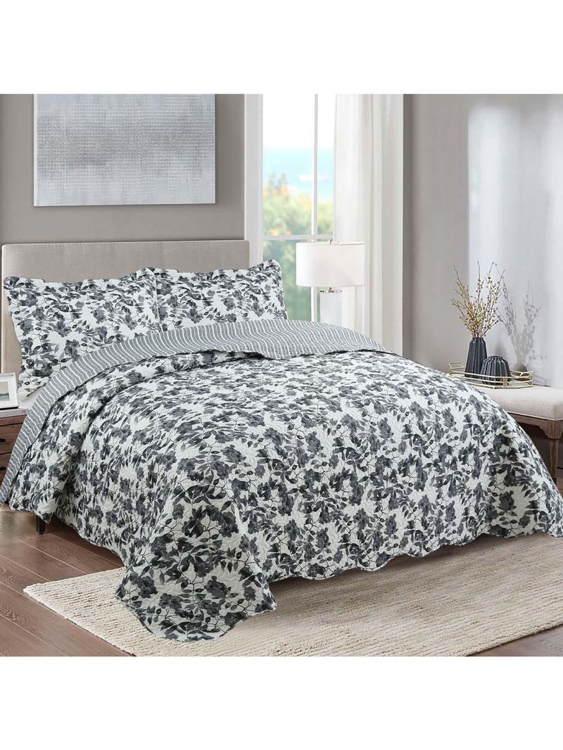 Kit cobre leito colcha mix king estampado dupla face floral 3 peças - amanda - palha