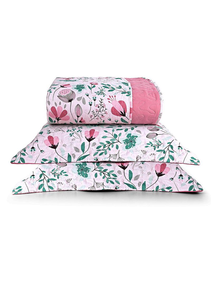 Kit cobre leito colcha celi casal padrão dupla face micropercal 200 fios 3 peças bothanica floral rosa