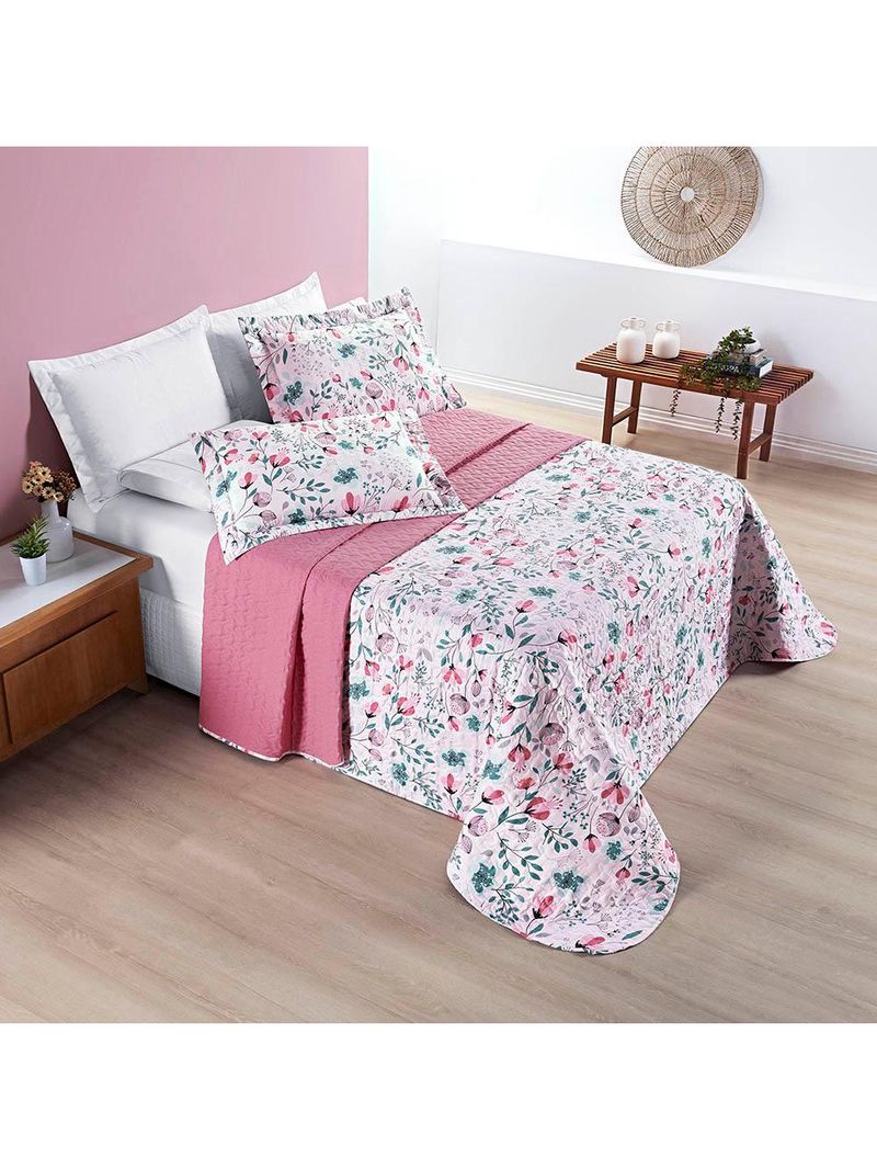 Kit cobre leito colcha celi casal padrão dupla face micropercal 200 fios 3 peças bothanica floral rosa
