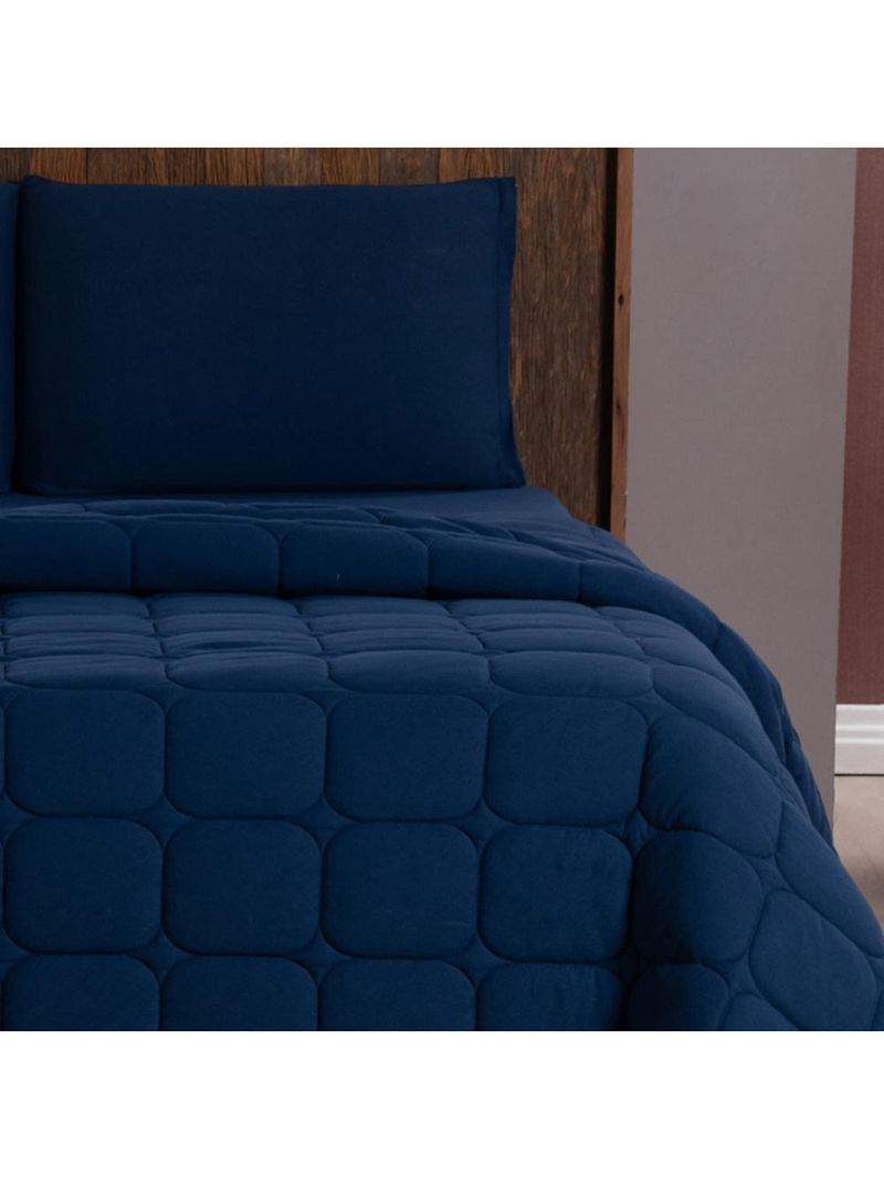 Kit cobre leito colcha livorno casal padrão acolchoado fofo macio malha 100% algodão 3 peças - azul marinho