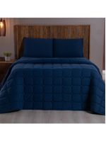 Kit cobre leito colcha livorno casal padrão acolchoado fofo macio malha 100% algodão 3 peças - azul marinho